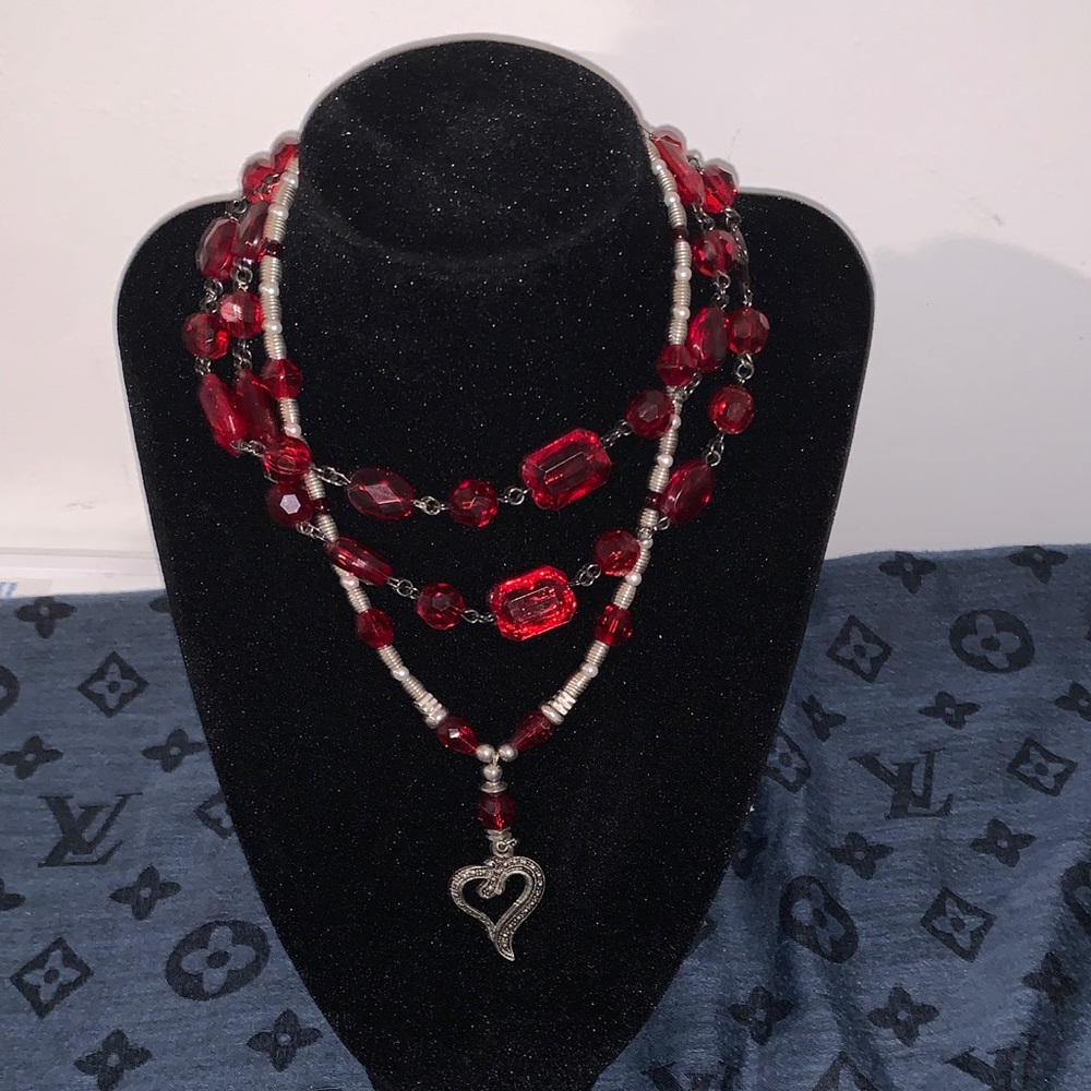 Elegant Red Beaded Necklace with Heart Pendant (2 necklaces)